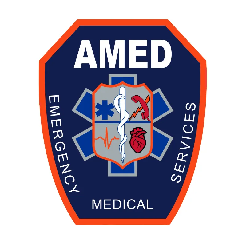 amed-logo Ambulance Vehicle driving on the road
